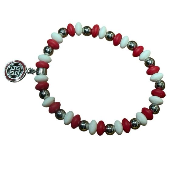 Rustic Cuff Red, White , & Silver Beads Stretch Bracelet Stackable logo charm - Picture 8 of 12